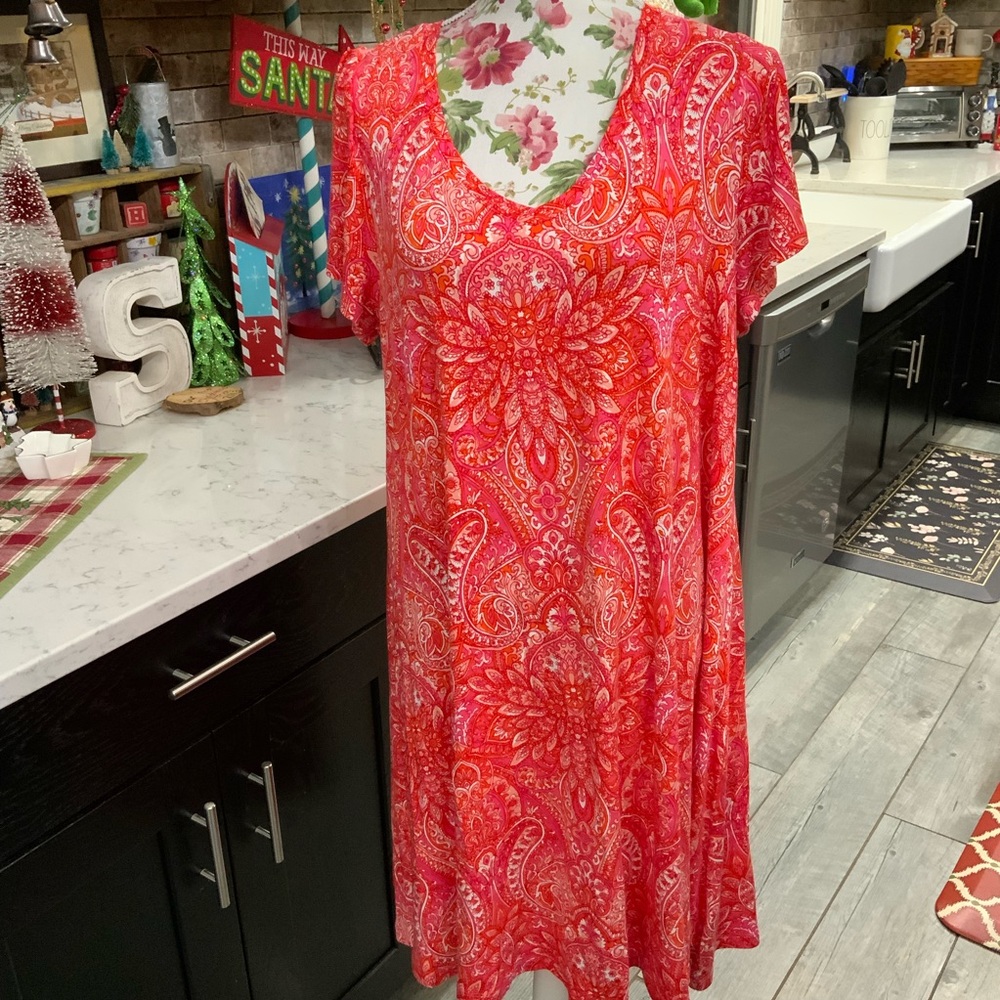 Lucky Brand Womens Size 1X Shift Dress Orange Paisley Short Sleeve Stretch Boho